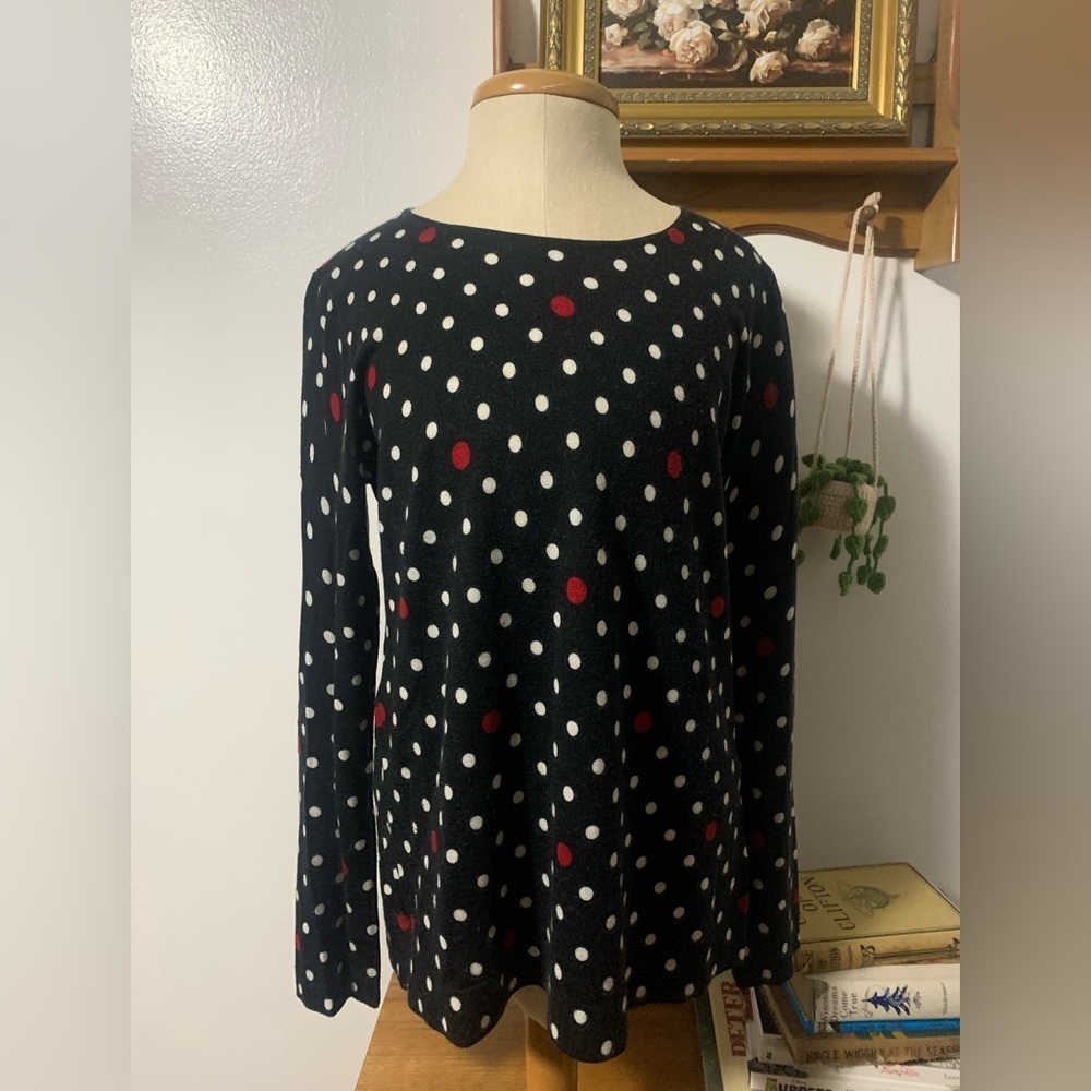 Talbots Pure Merino Wool Black White Red Polka Dot Pullover Sweater Top